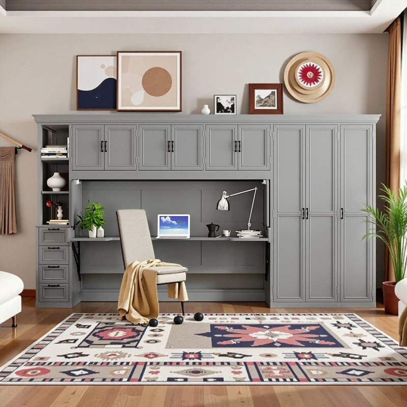 Lit simple escamotable avec armoire de bureau et armoires de rangement