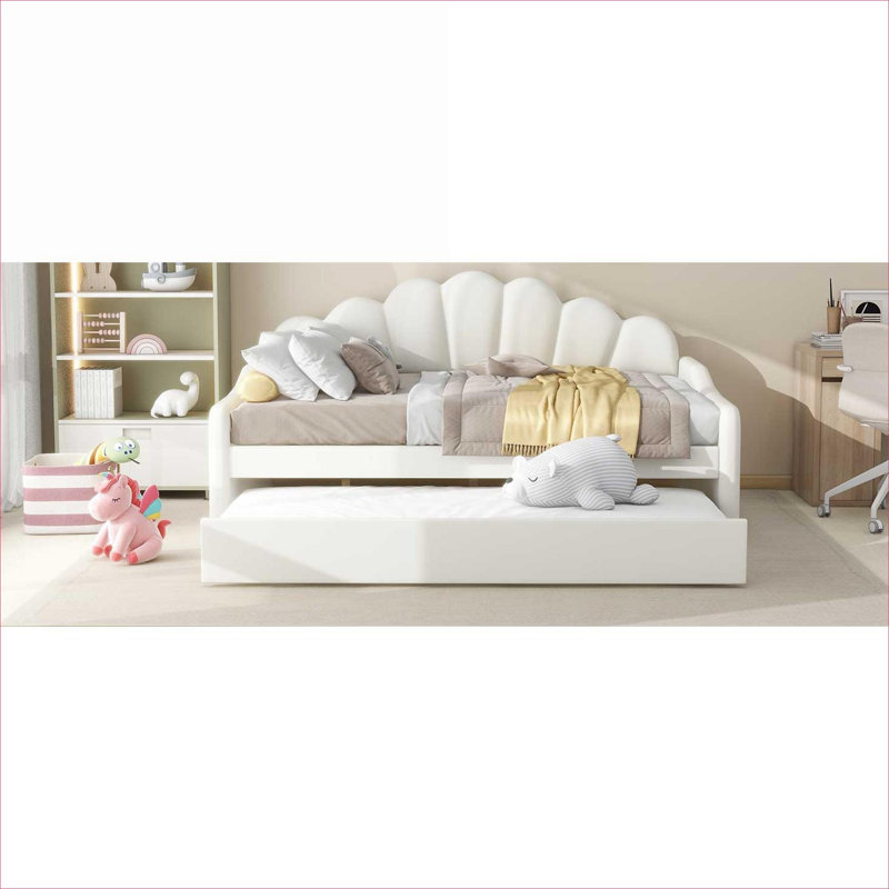 Lit de jour courbé tapissier Curved Silhouette, structure en bois massif, blanc éclatant, lit double avec lit gigogne escamotable