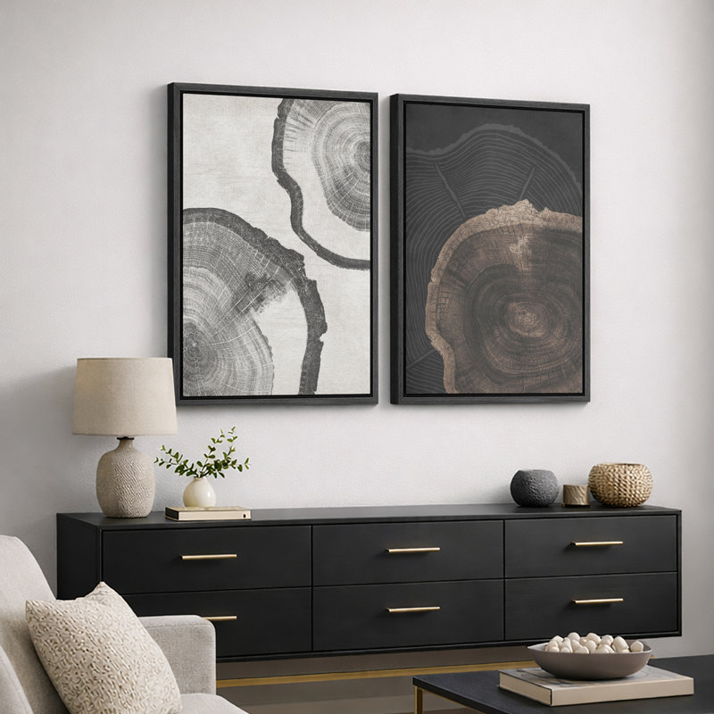 «Tree Ring», souche de bois gris, œuvre d'art neutre, photos de cabane de ferme rustique, ensemble de 2 impressions sur toile encadrées, 16 x 24 x 2, 24 x 36 x 2