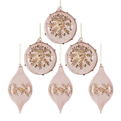 Christmas Hand-Blown Glass Ornaments with Gold Etched Snowflakes, 2 Assorted Designs, Set of 6