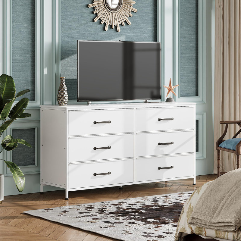 6 Drawer Dresser for Bedroom, 51.2'' Wide Dresser TV Stand for 50, 55, 60 inch TV, Large Long Chest of Drawers with Deep Drawer for Closet, Bedroom, Living Room, Hallway