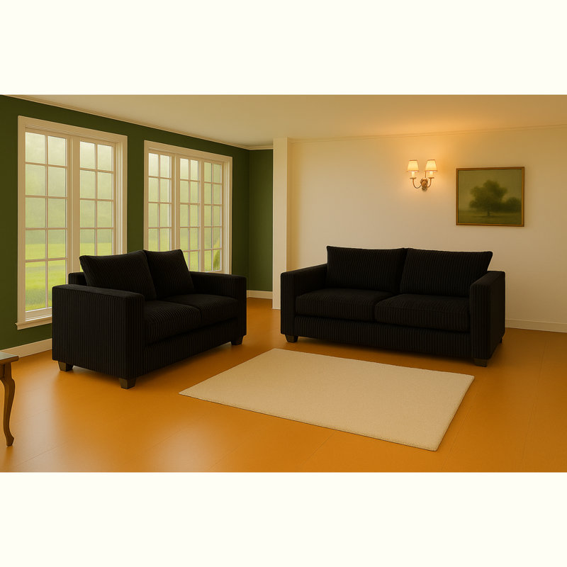 Jambo Cord 3 and 2 Seater High Back Cushion Sofa Set, Black