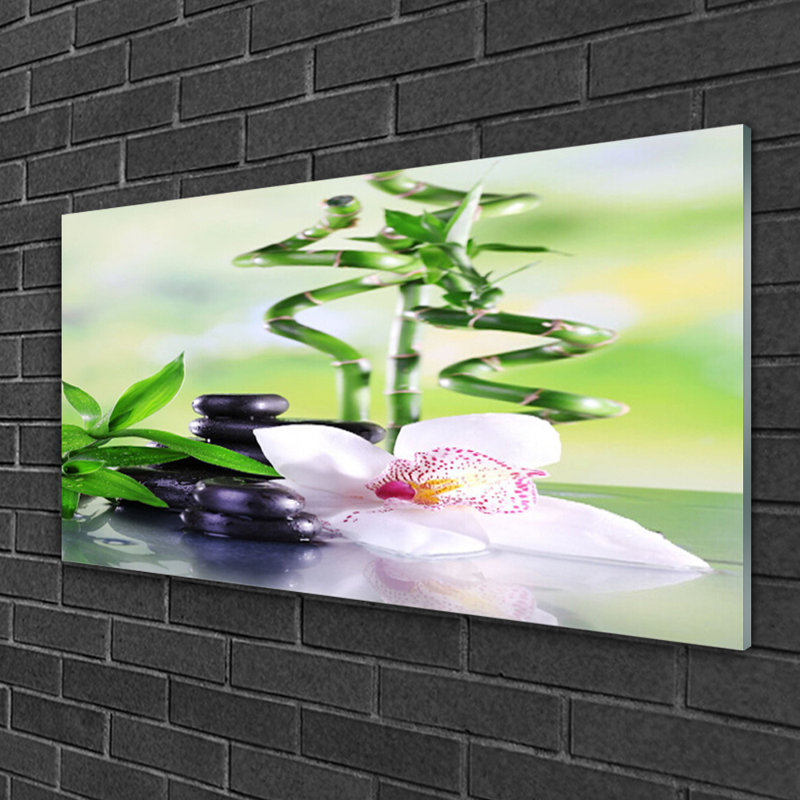 Glass Print Wall Art 100X50cm Image Printed On Glass Decorative Wall Picture Behind Toughened / Tempered Safety Real Glass For Kitchen & Living Room Theme: Bamboo Stalks Flower Stones Floral
