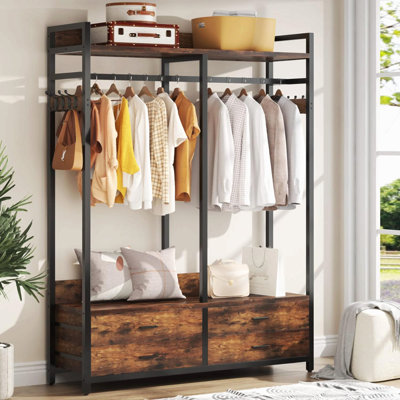 47.2" Rustic Brown Freestanding Closet Organizer, Heavy-Duty Garment Rack With 4 Drawers, 8 Hooks, Shelves, And Hanging Rod F