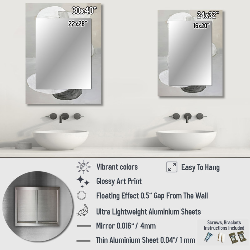 Grey Minimalism Simple Shapes Painting I - Abstract Shapes Decorative Mirror, Gray Large Wall Mirror, Printed Metal Art