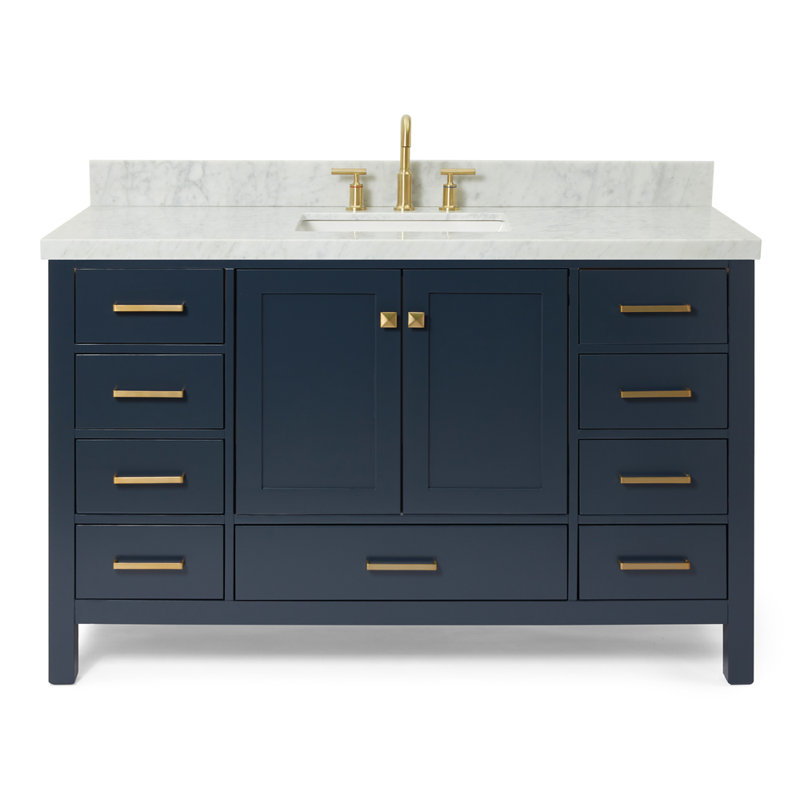 Cambridge 55'' Single Bathroom Vanity with Top, Midnight Blue / Satin Brass, Rectangular