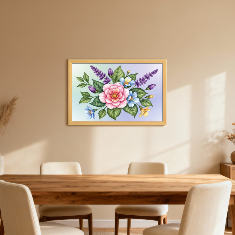 Arrangement floral de plantes et fleurs avec rose rose et lavande mauve, Toile tendue, Ne s’applique pas, H 20 po x l 30 po