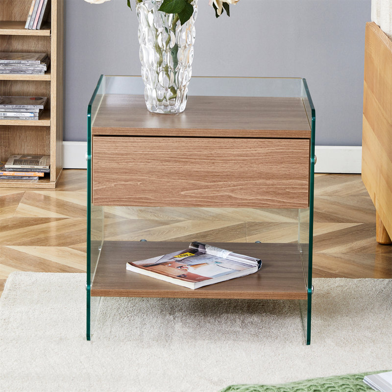 Drawer nightstand: mdf surface with stickers, tempered glass sides, sleek design, efficient storage for bedroom (108 characters)