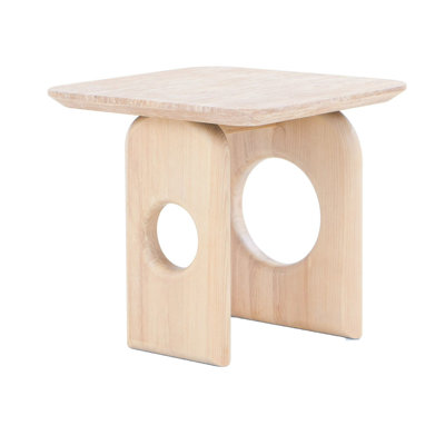 Aky 22 Inch Side End Table, Square Marble Top, Open Frame, Natural Brown