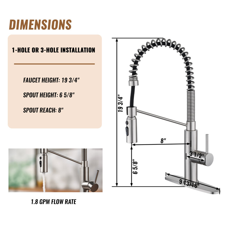 Bolden CASAINC 1.8 GPM Spring Neck Pull Down Kitchen Faucet with Deck Plate, Brushed Nickel