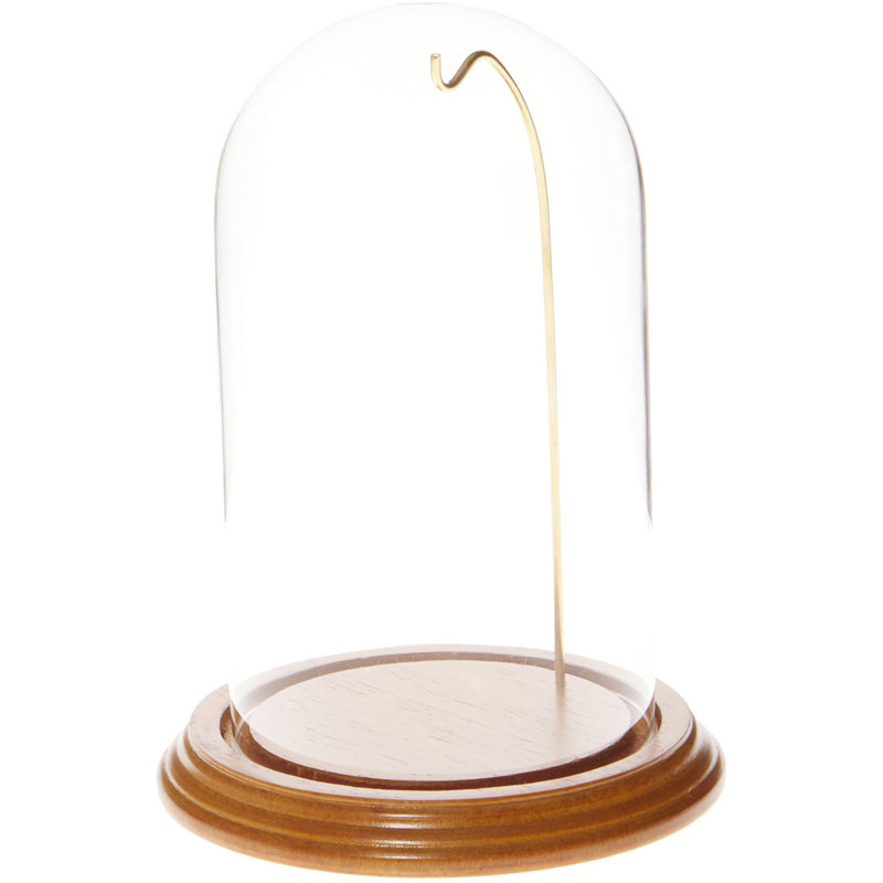 Cloche de dôme en verre pour montre / ornement 4 "x 7", Base en chêne / fil doré