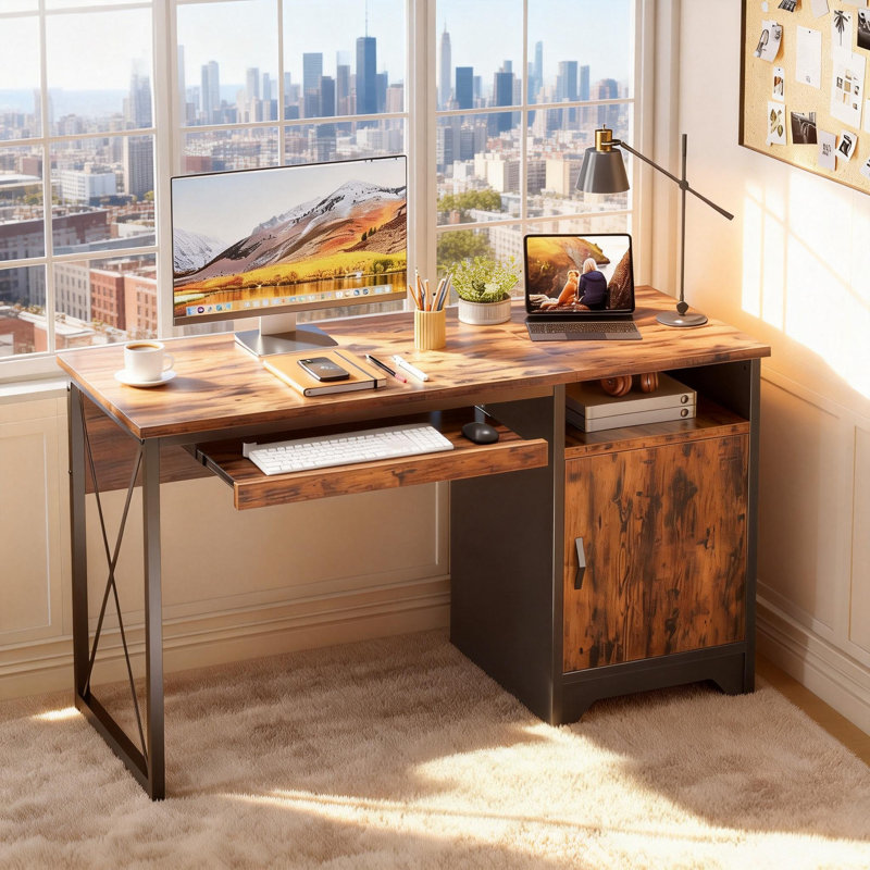Daylon 48" W Manufactured Wood Desk with Keyboard Tray and Filing Drawer, Rustic Brown, 30" H x 48" W x 21.6" D