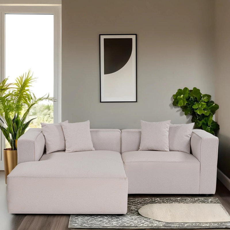 Élégant canapé d'angle, couleur écru, 90,6 po x 27,2 po x 70,9 po | Structure: hêtre, sapin et panneau de particules | Tissu à texture douce, pieds en plastique | Coussin confortable en mousse 30 po | Parfait pour le salon et les espaces familiaux