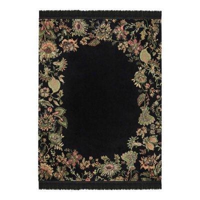 Flora Fantasia Machine Woven Wool Floral Area Rug in Noir/Pink/Green/Yellow
