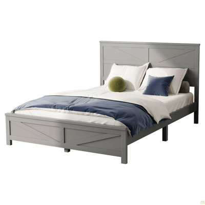 Farmhouse Style Queen Size Bed with Barn Door Designed Headboard and Footboard, Pinewood Bed with Strengthened Bed Frame,Grey