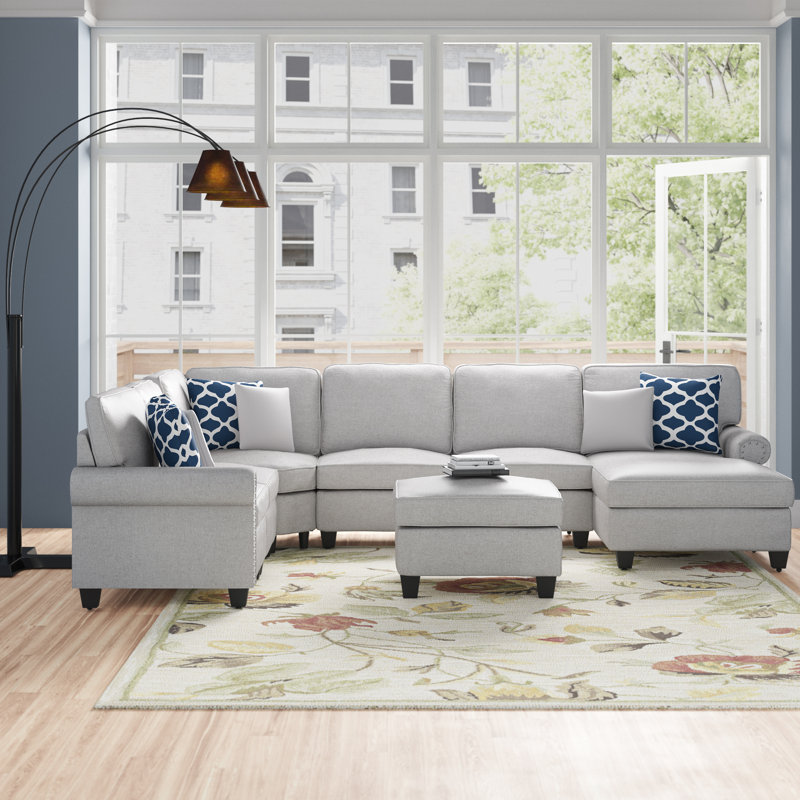 Canapé modulaire de coin avec repose-pieds Alipio, Mélange de polyester gris clair