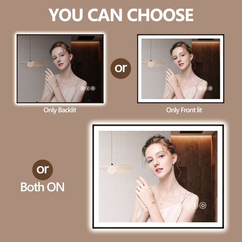 Miroir de salle de bain Led Smart 72 x 40 pouces: à intensité variable de 10% à 100%, 3 choix de température de couleur, fonction de brouillard avec arrêt automatique, contrôle de l'interrupteur mural, Ul, verre trempé incassable de 5 mm