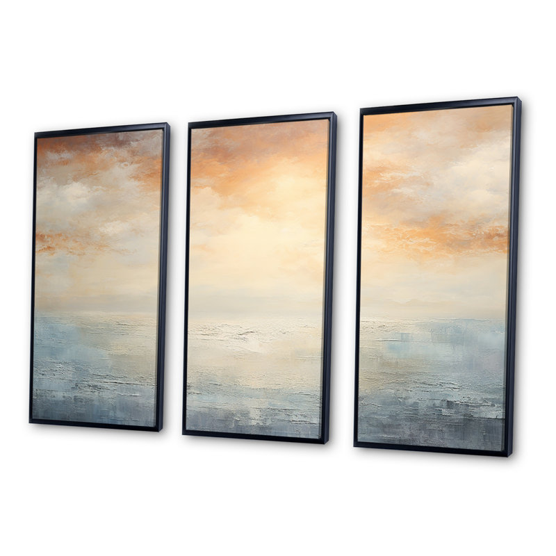Beige et plage dorée coucher de soleil horizon II, Cadre flottant noir, H 28 po x l 36 po x P 1 po