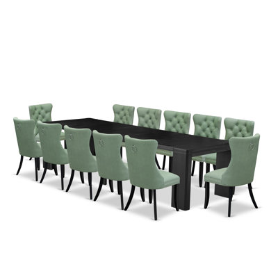 13-piece Kitchen Table Set a Rectangular Xtenczar Modern Dining Table and 12 Willow Green Polyester fabric Kitchen Chairs, Wire Brushed Black Finish.
