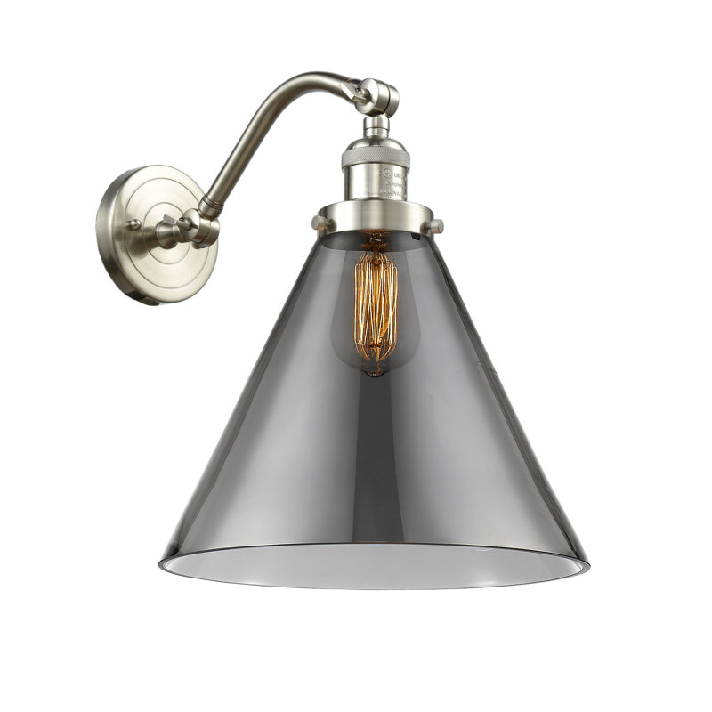 Applique murale 1 lumière Cone, Ampoule incandescente rétro 60 watts, Plaqué couleur fumée, Nickel satiné brossé