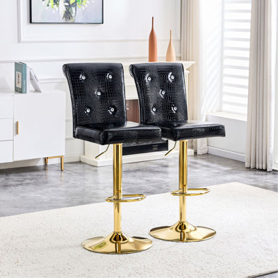 A Set Of 2 Black Vintage Crocodile Leather Lift Bar Chairs, Featuring Crystal Clasp Design And Synthetic Leather Design, Adding A Touch Of Elegance And Mystery To The Dining Area