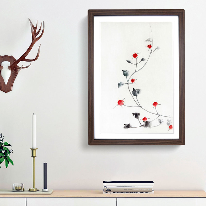 Small Red Blossoms on a Vine by Katsushika Hokusai - Picture Frame Painting Print, 36cm H x 27cm W x 2cm D, Walnut Framed