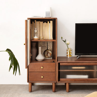 Classy Living Room - Armoire couleur café avec 2 tiroirs, tablettes, porte en verre rétro et portes de garde-manger en pin