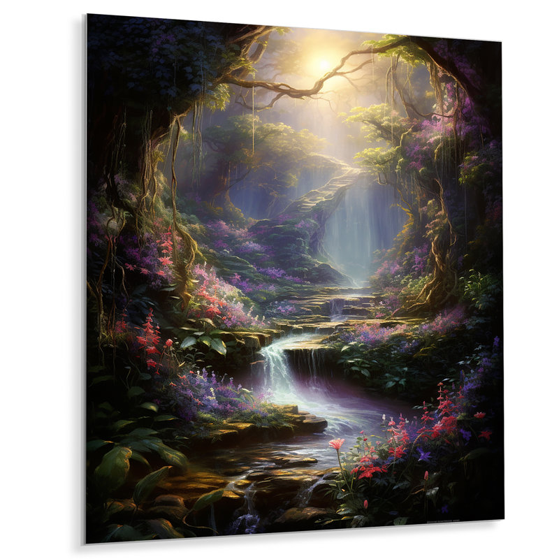 Couloir magique avec fleurs dans les bois - rivière, art mural du salon, Métal métal, H 32 po x l 16 po x P 1 po
