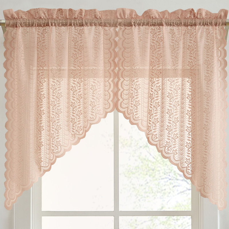 Nikole Floral Rod Pocket Lace Semi Sheer Voile Short Cafe Tiers for Small Windows - 28 x 36 Inch Length - Set of 2