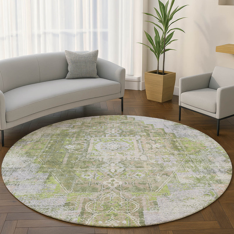 Premium Machine Washable Mayfield AMF2140 global Rug, Aloe, 8' Round