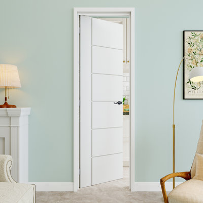 24" x 80" 6-Panel Molded Solid Horizontal Pattern Interior Prehung Door with Curve Lever and Silver Hinges, Solid Core Door Slab, Paintable & Waterproof, Suit for Laundry, Closet Doors, Room Doors, Left Hand
