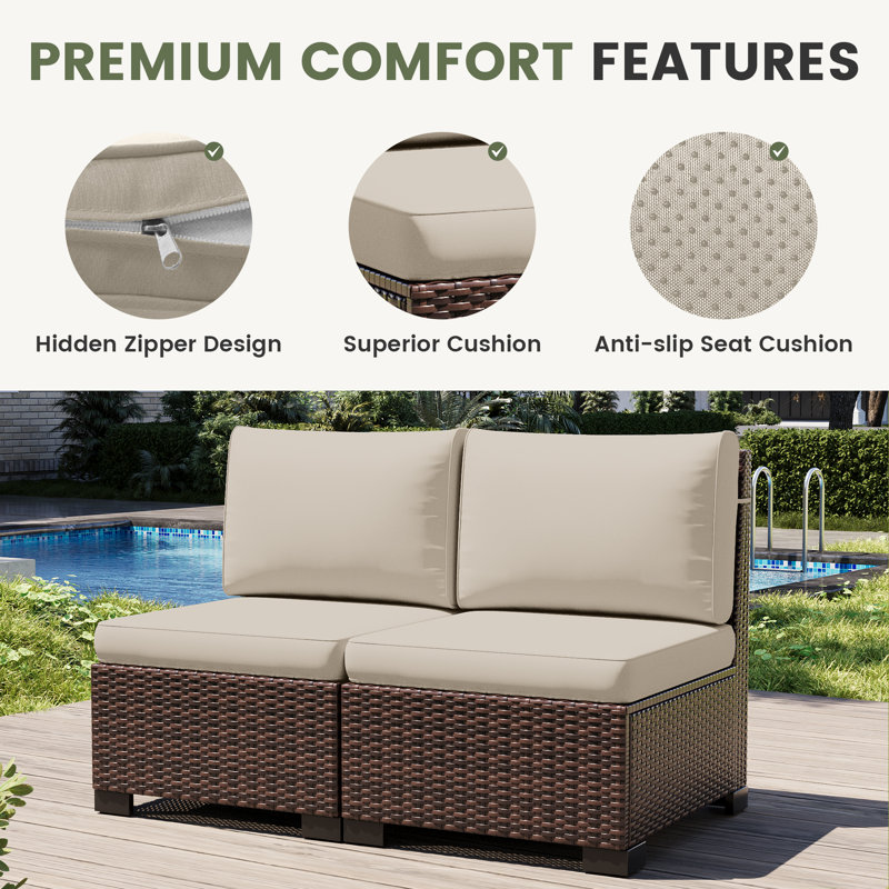 2-Person Armless Outdoor Seating Group With Coffee Chair, Beige