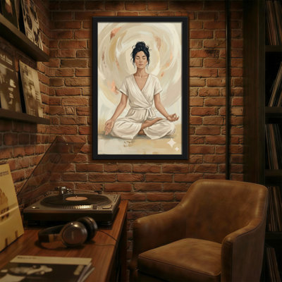 Abstract Serene Woman Meditating In White Robe With Swirling Background