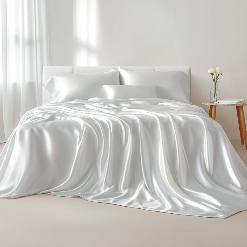 Ensemble de literie pour lit simple de 3 pièces avec draps en satin, drap-housse de 15 po de profondeur, drap plat et 1 taie d'oreiller, doux au beurre, bon pour les cheveux et la peau (blanc pur)