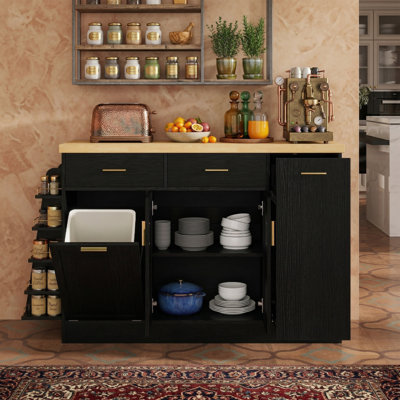 58" Wide Multi-Functional Kitchen Sideboard With Tilt-Out Trash Cabinet - Coffee Bar With Sliding Door & 3-Tier Spice Rack - 34" High Storage Buffet - Black & Natural