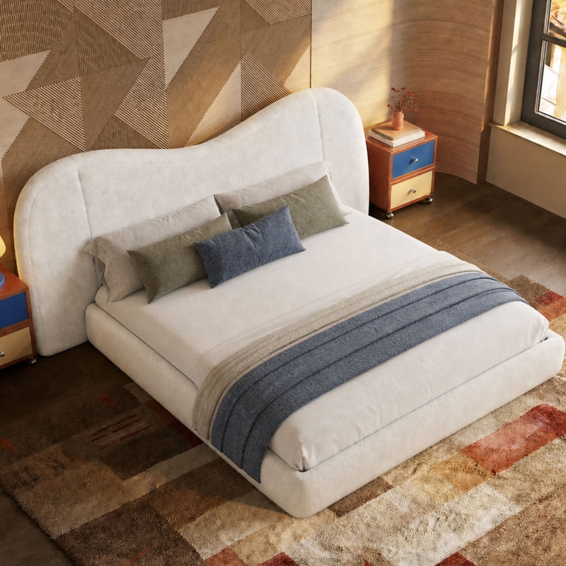 King Size M-Shape Upholstered Bed Frame With Oversized Headboard Off White