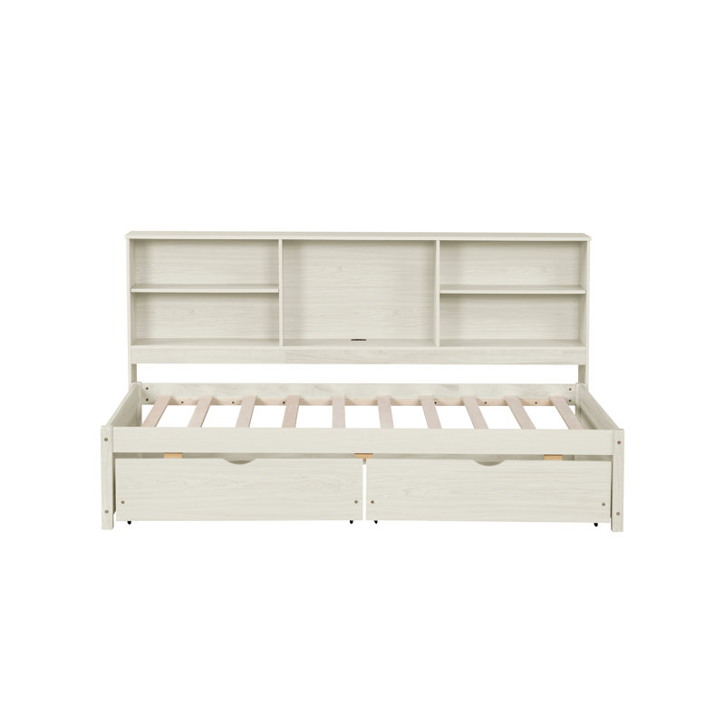Twin Size Bed Frame With Side Bookshelves, Two Drawers, And Built-In Usb Port, Creamy White