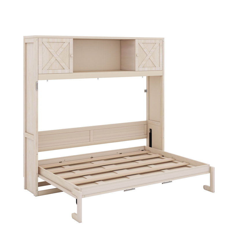 Grand lit escamotable avec armoires de rangement, Beige