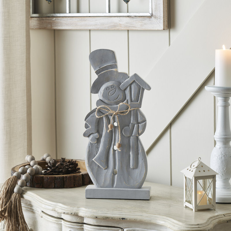 Bonhomme de neige festif gris en bois patiné 16 x 7,5 x 2