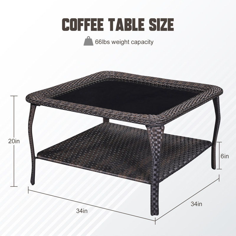 Wendye Stylish Outdoor Wicker Coffee Table With Glass Top, Brown