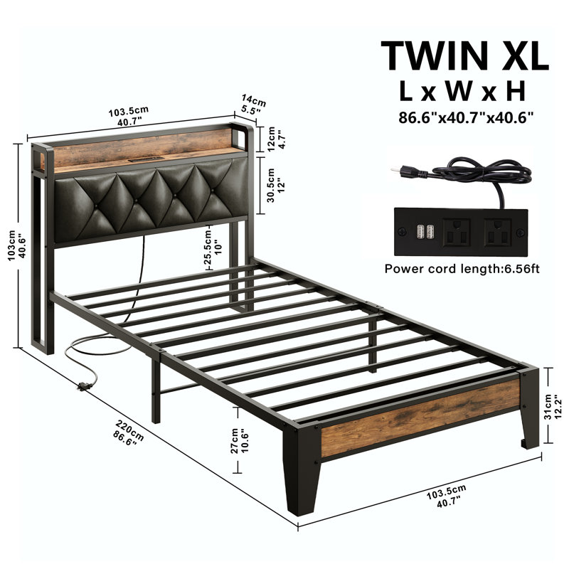 Twin XL Platform Bed Frame, Upholsterd Storage Headboard Shelf with Built-in Outlet, Easy Assembly, Perfect for Dorms, Black