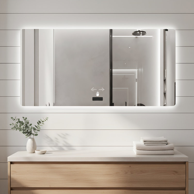 48x32in Frameless Bathroom Mirror With Light, Led Vanity Mirror, Tri-color Dimming, Anti-fog Function, Waterproof, Smart Sensor