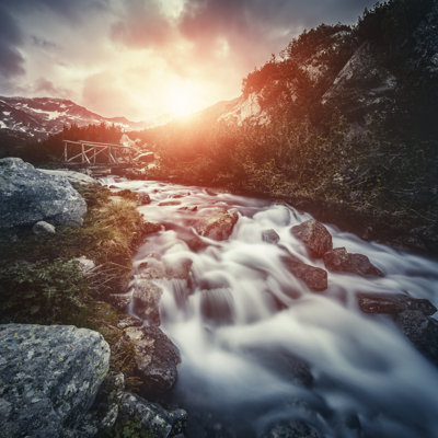 River In Mountains At Sunset by Da-Kuk - Wrapped Canvas Print