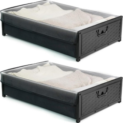 2 Pack Under Bed Storage Box With Wheels,Rolling Storage Bags With Clear Lids