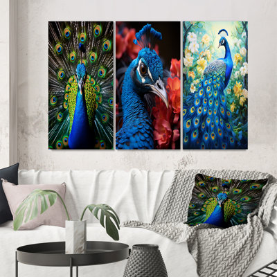 «Teal Radiant Peacock», 3 pièces sur toile