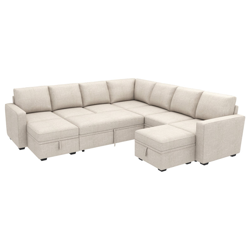 Caren Upholstered Sleeper Sectional Modular Sofa Bed With Ottoman, Beige Polyester