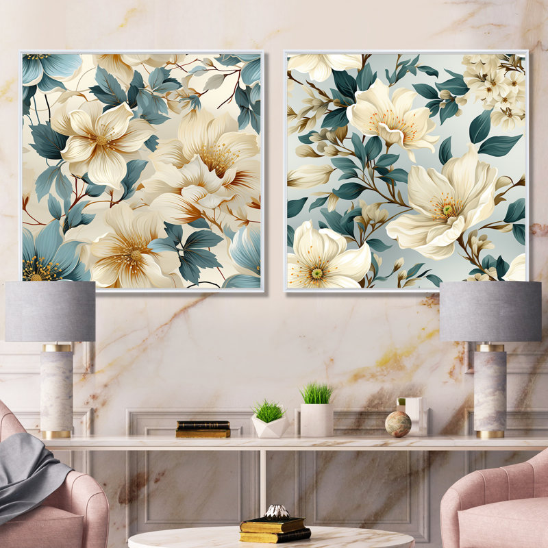 Gabin - Ensemble de salon mural floral 2 pièces, Cadre flottant blanc, H 16 po x l 33 po x P 1 po