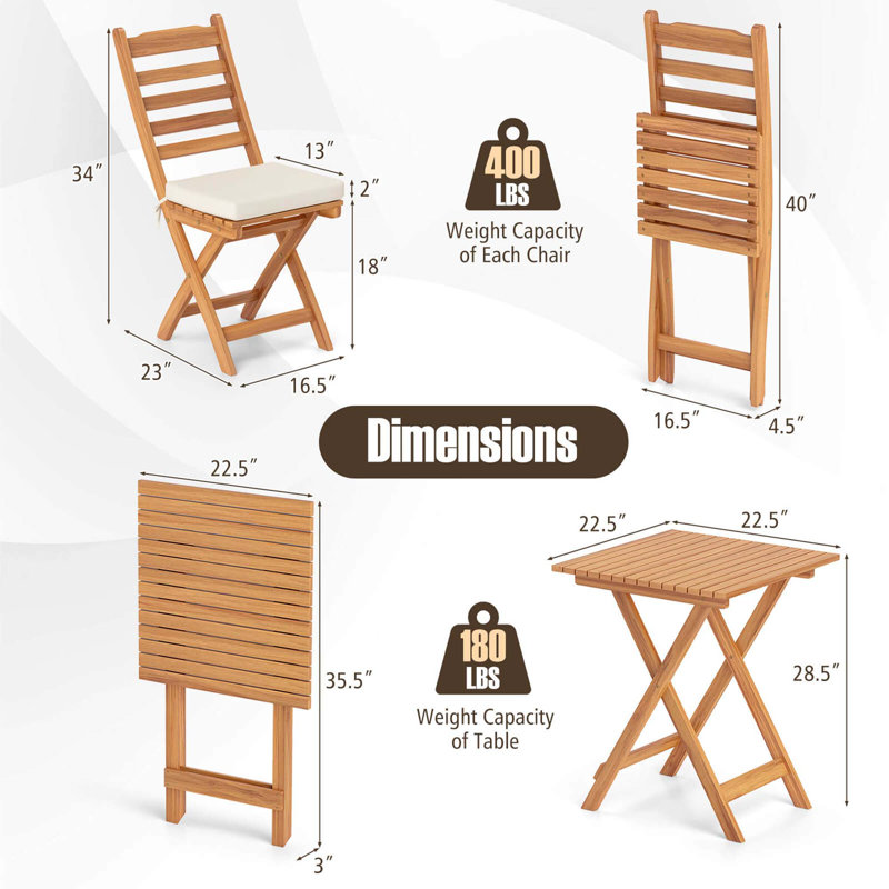 Ensemble bistro 3 pièces d'extérieur pliant en bois d'acacia avec coussins de siège amovibles