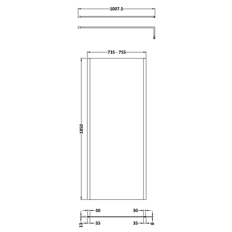 760Mm Outer Framed Wetroom Screen With Support Bar, 185cm H x 76cm W x 1.40cm D, Bronze