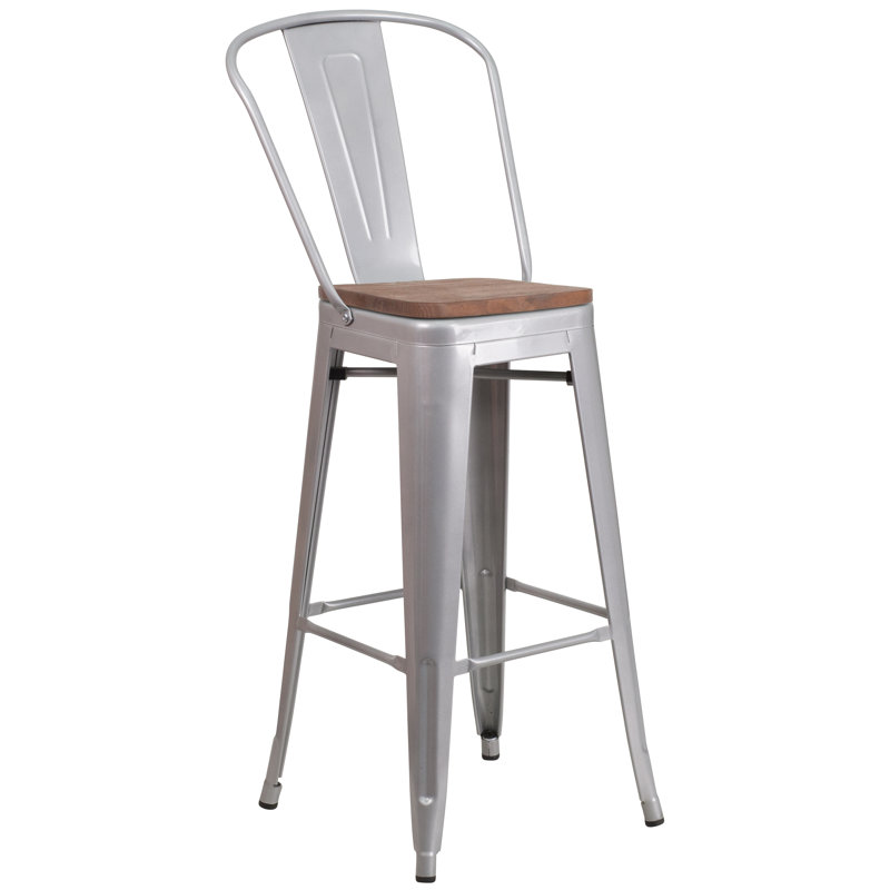 Tabouret de bar ou de comptoir en métal Marian avec dossier et siège en bois Marian, Argent, 1